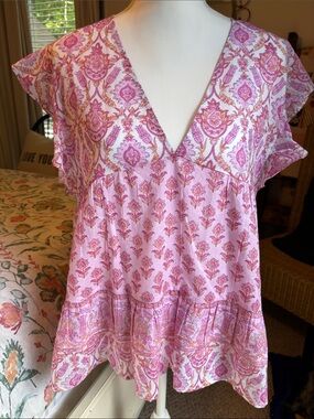 POL Pink Floral V-Neck Flutter Sleeve Blouse